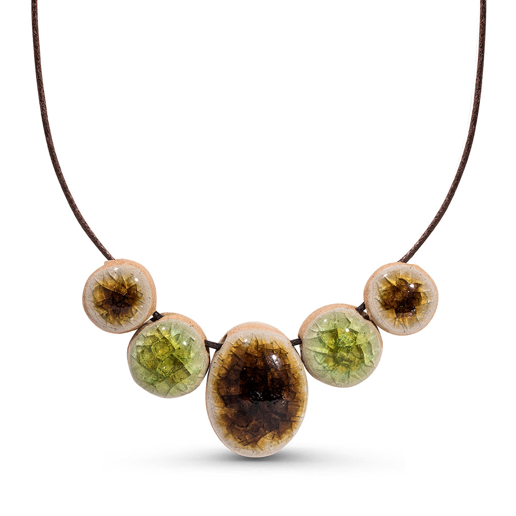 Recycled amber brown and lime green crackled glass ceramic oval and circular beaded cord necklace