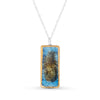 Blue reef glass large rectangular drop sterling silver necklace outlined in gold lustre