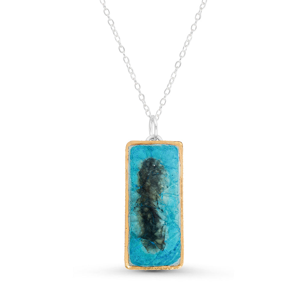 Turquoise reef glass large rectangular drop sterling silver necklace outlined in gold lustre