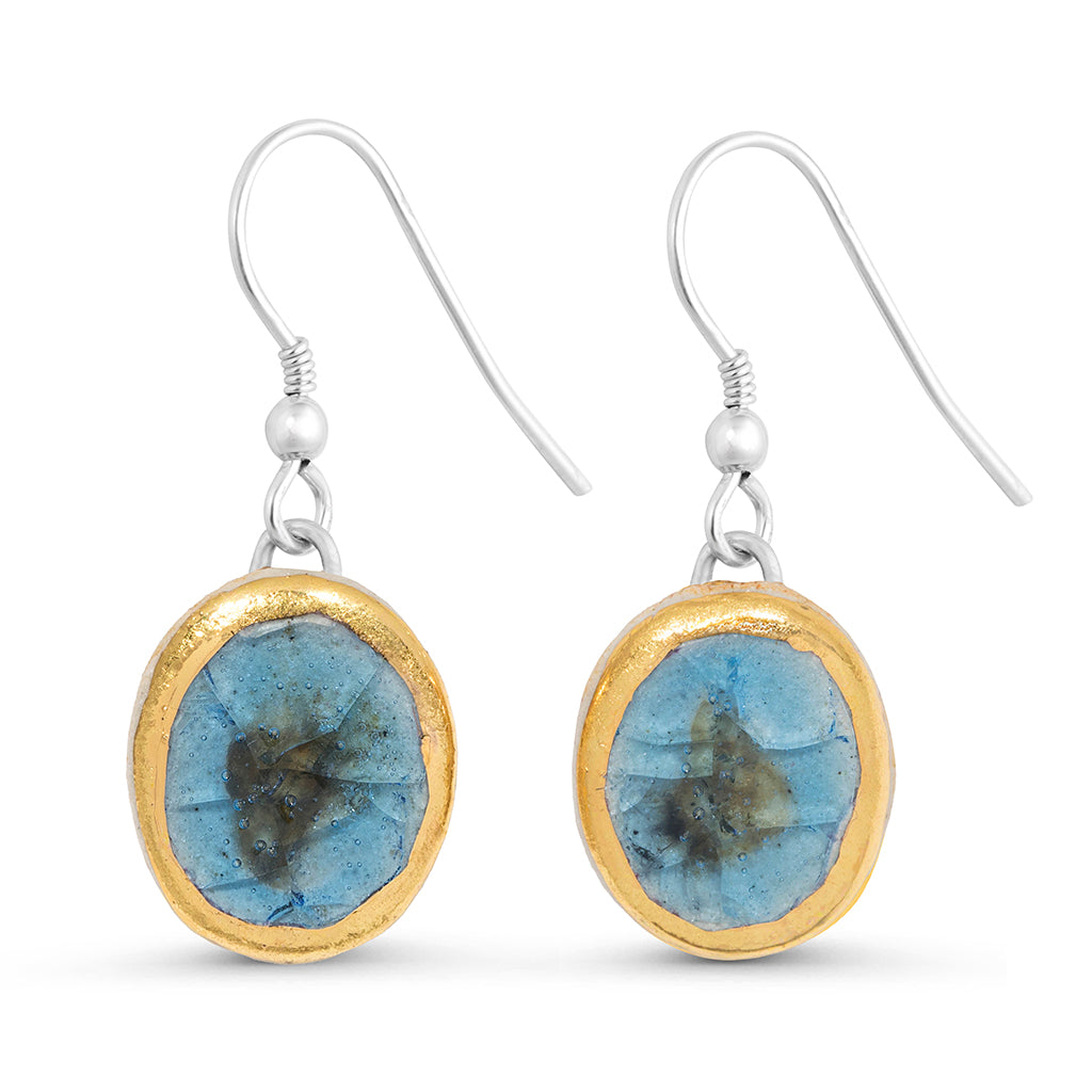 Blue reef glass oval sterling silver drop earrings outlined in gold lustre