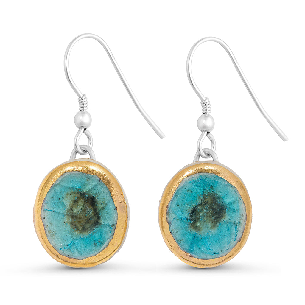 Turquoise reef glass oval sterling silver drop earrings outlined in gold lustre