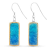 Turquoise blue gradient lagoon glass rectangular sterling silver drop earrings outlined in gold lustre