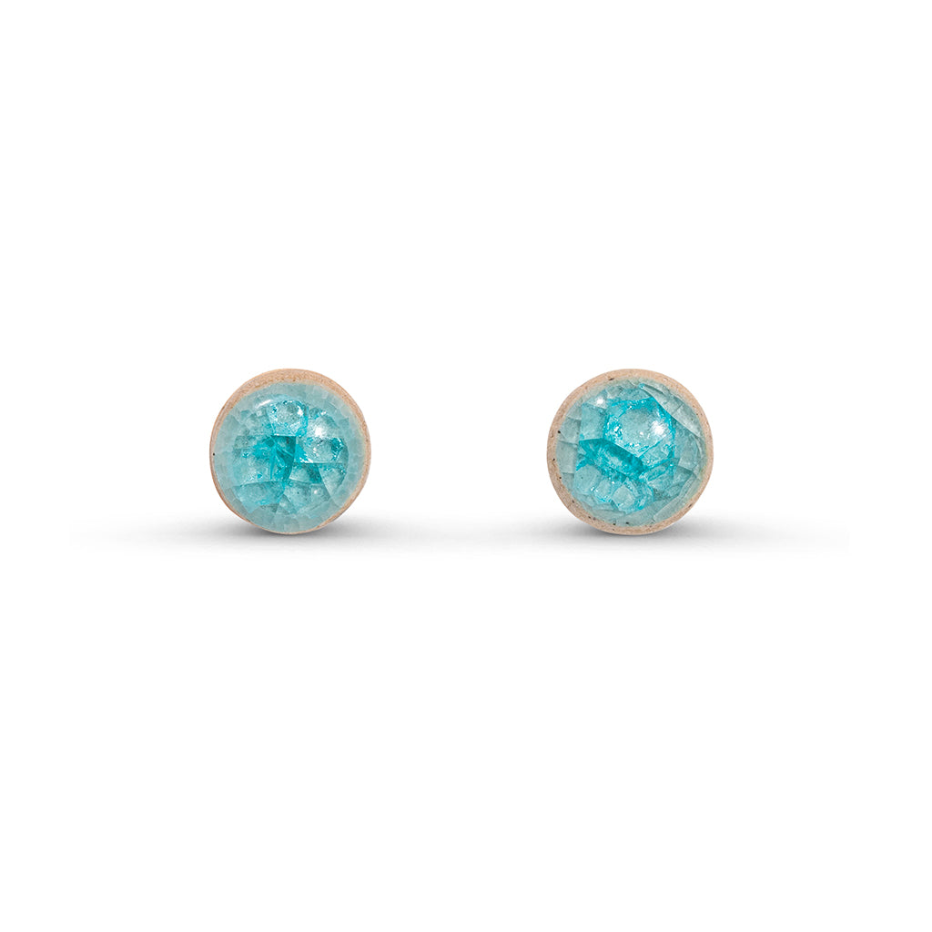 Recycled aqua blue crackled glass ceramic circular stud earrings 