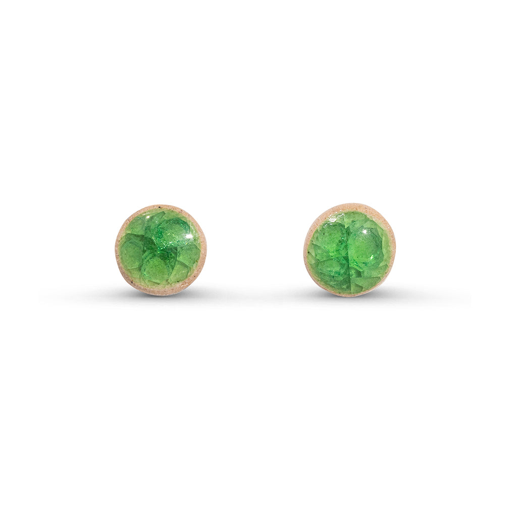 Recycled emerald green crackled glass ceramic circular stud earrings 