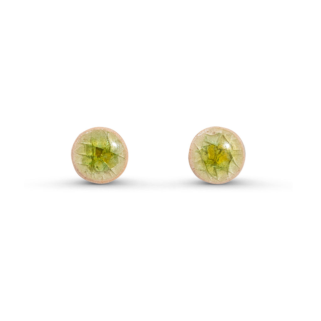 Recycled lime green crackled glass ceramic circular stud earrings 