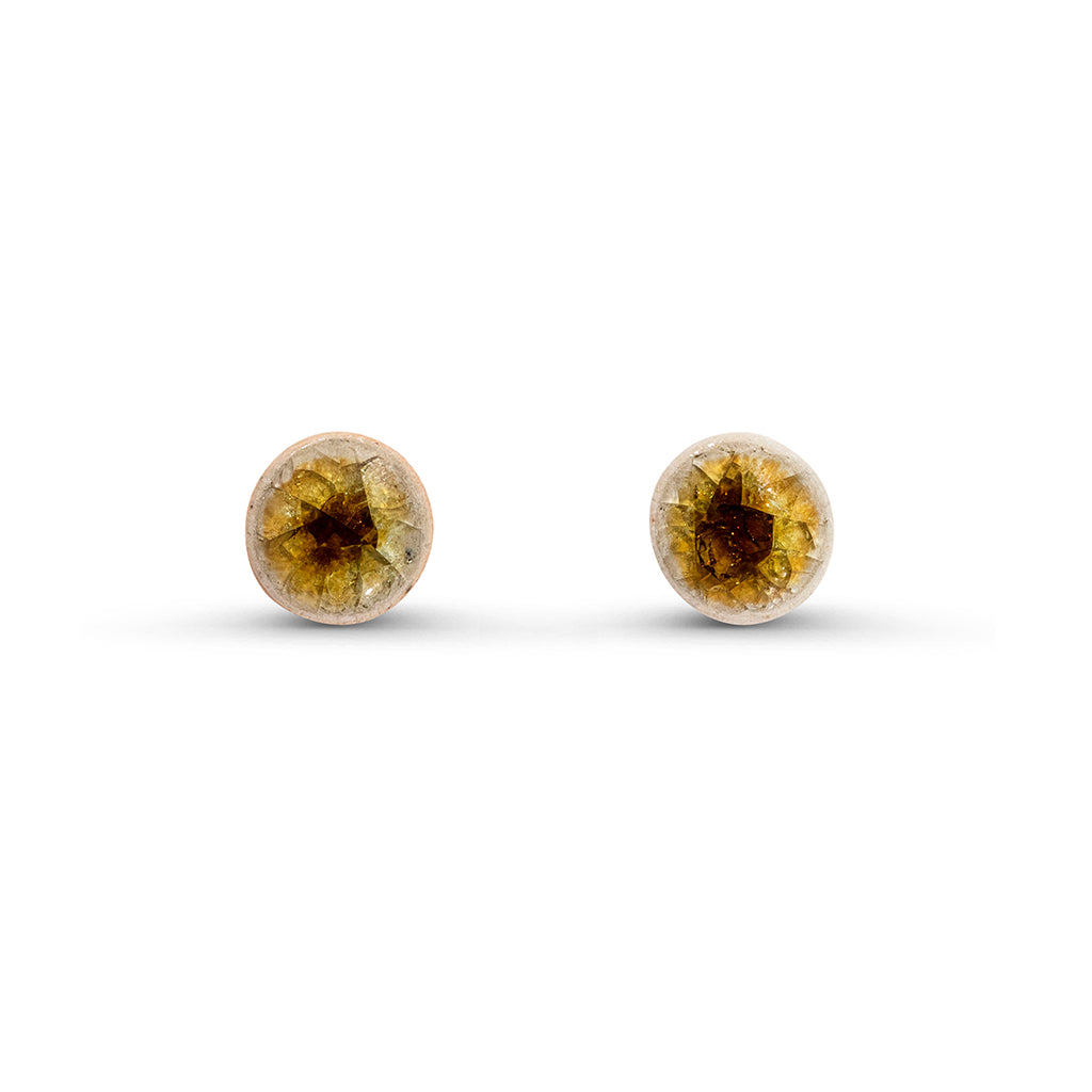 Recycled amber brown crackled glass ceramic circular stud earrings 