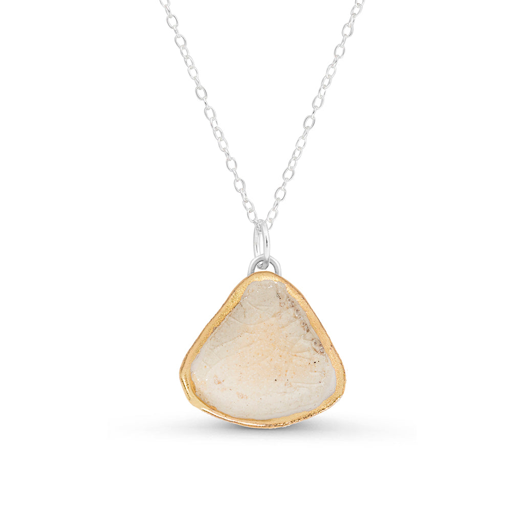 Crystal clear crackled glass teardrop sterling silver necklace outlined in gold lustre