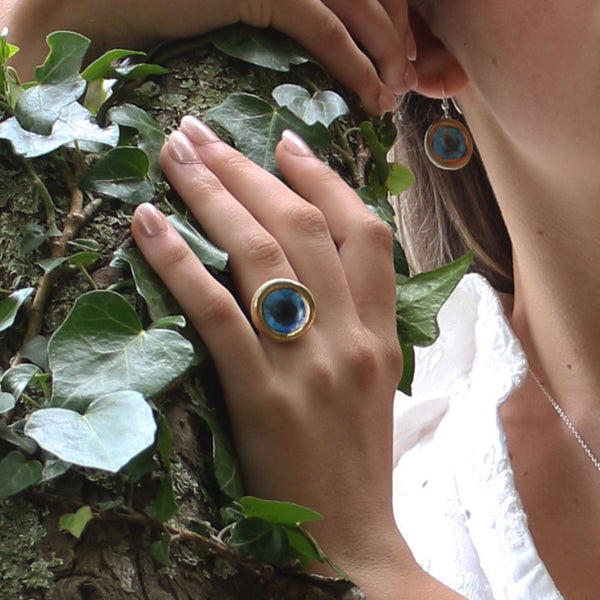 ceramic and blue glass with dark centre on sterling silver ring with gold detailing - Habulous