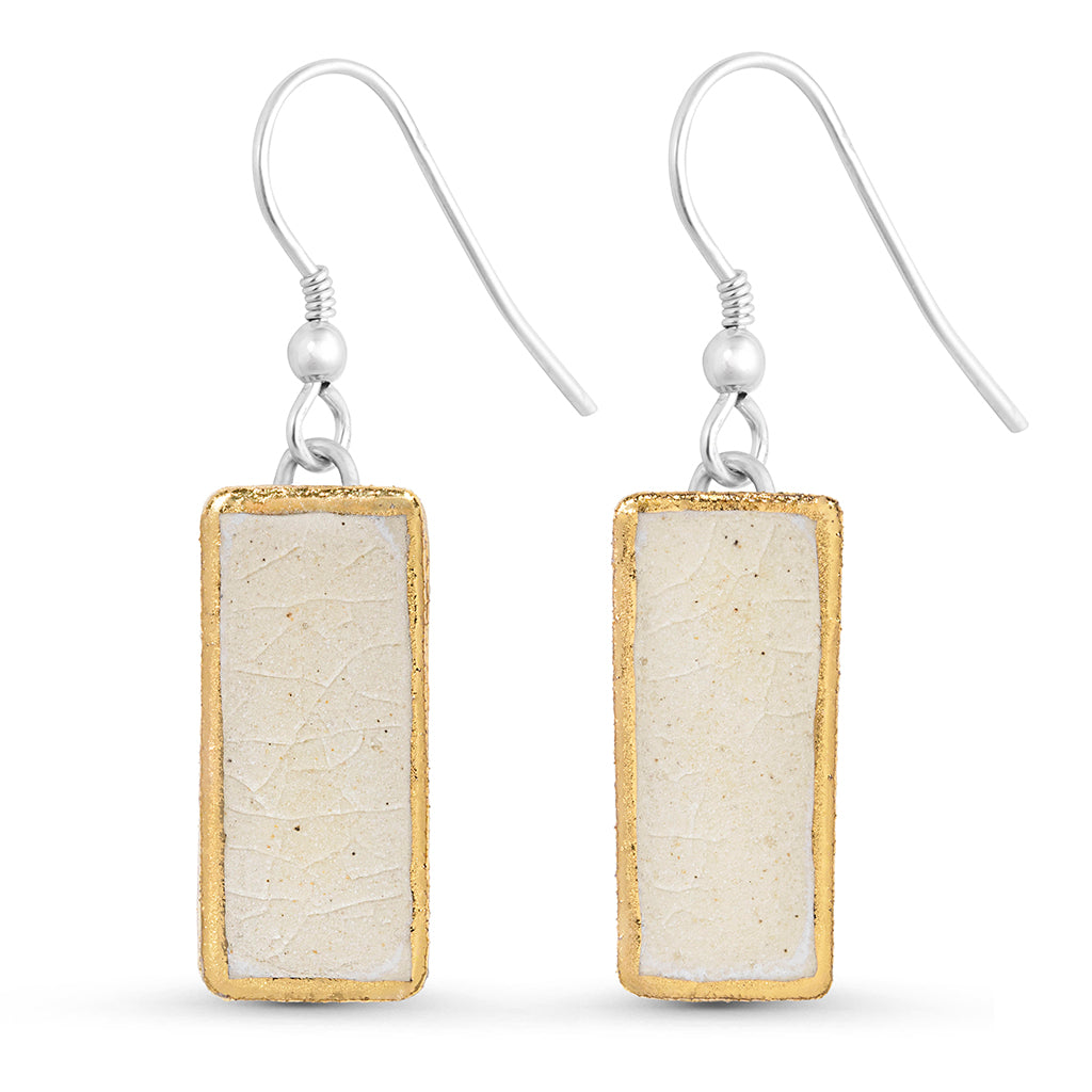 Crystal clear glass rectangular sterling silver drop earrings outlined in gold lustre