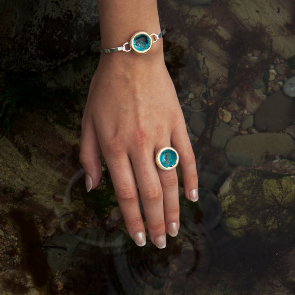 Turquoise Reef silver plated bangle and ring with gold lustre detailing - Habulous