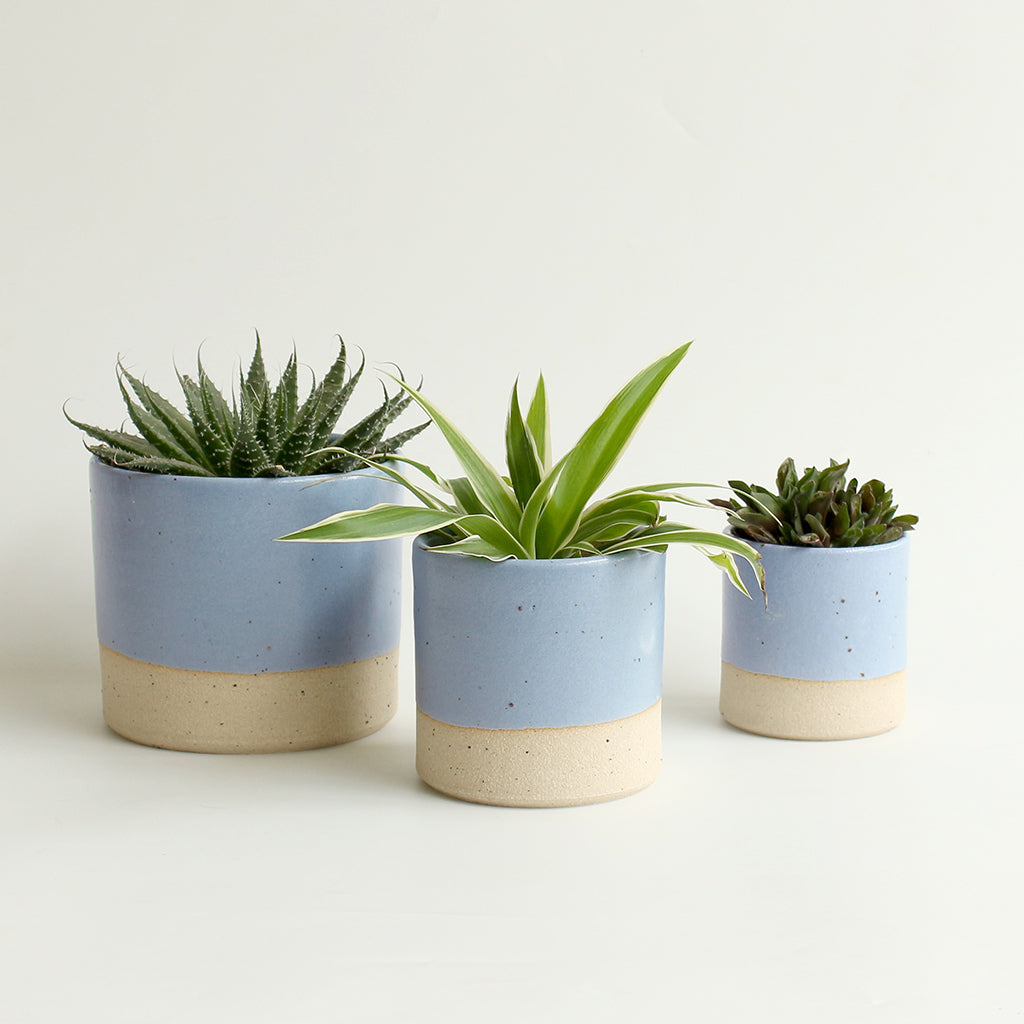 Set of 3 Blue Plant Pots Stoneware - Habulous