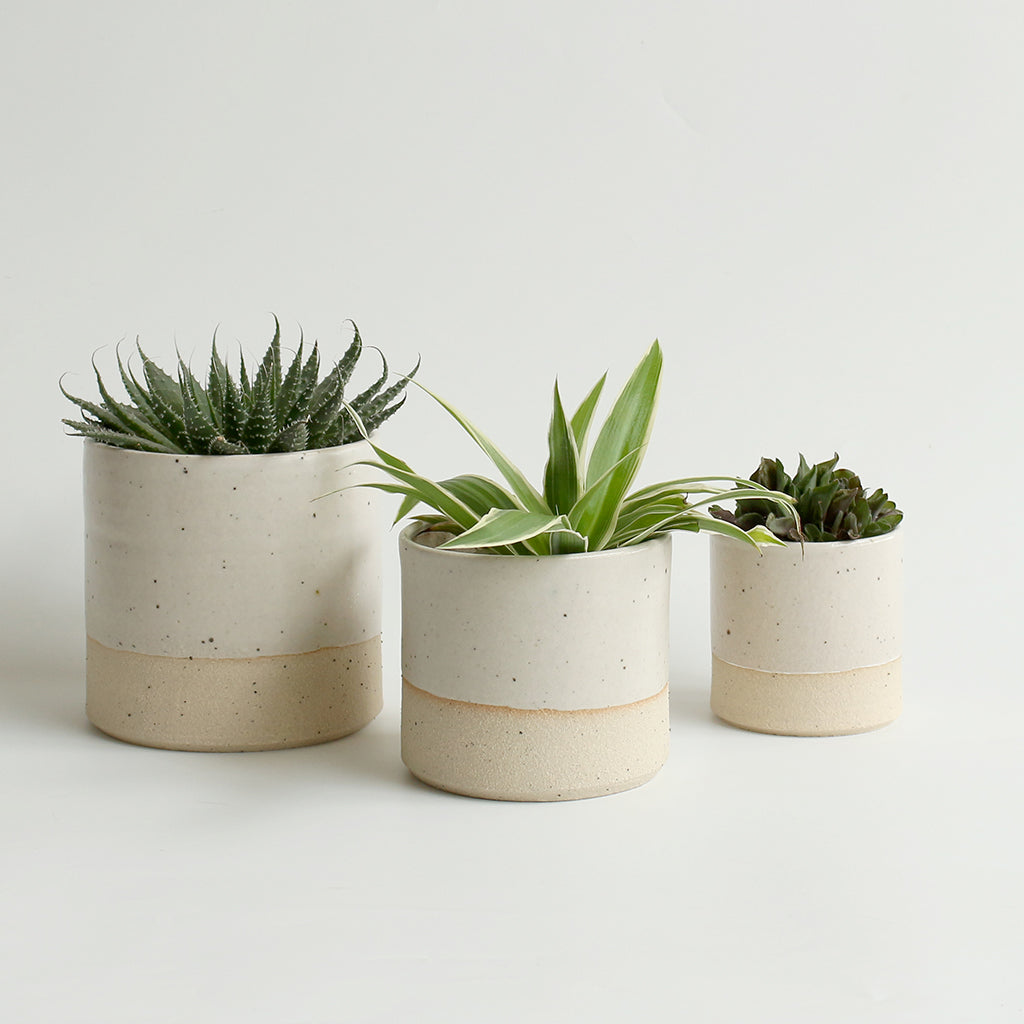 Set of 3 Off-White Plant Pots Stoneware - Habulous