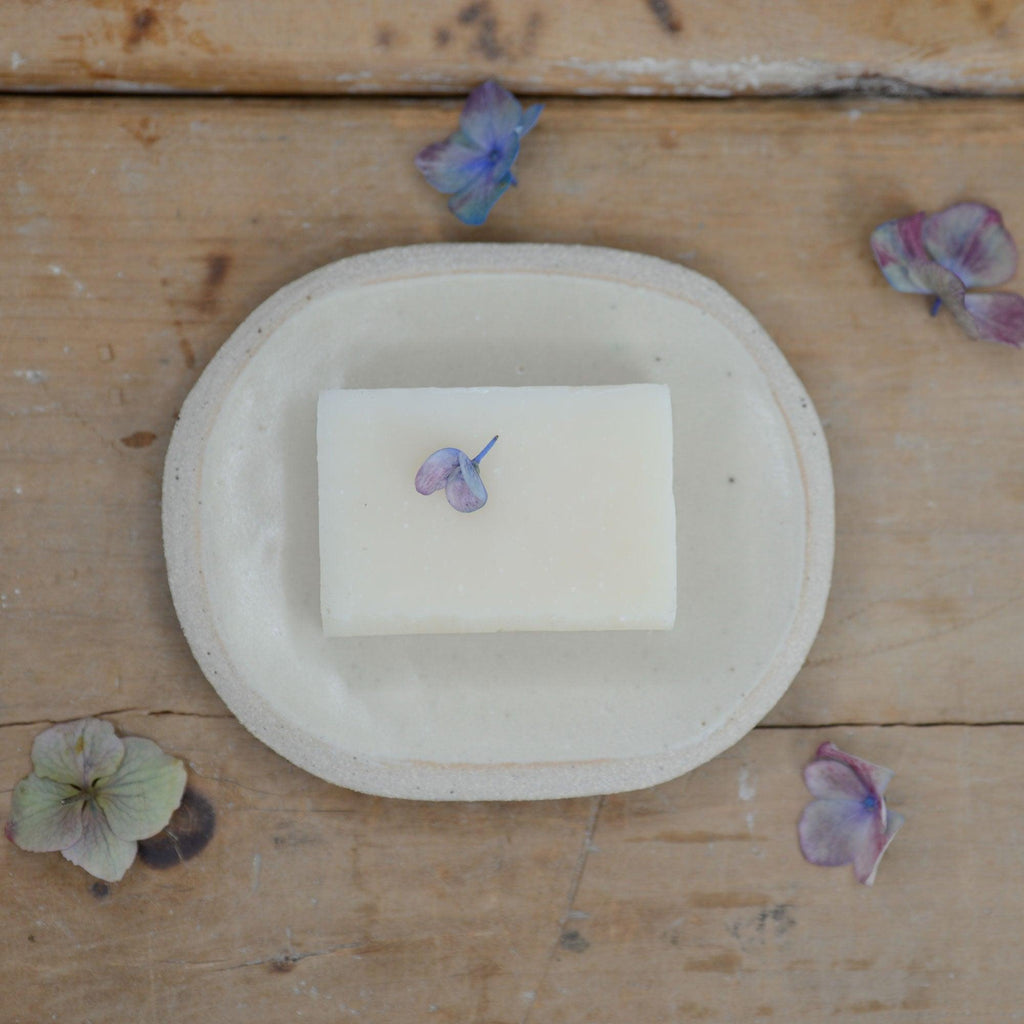 Large white soap dish with soap for size reference