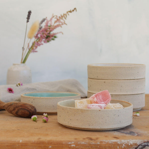 Side view of stacking bowls with turkish delight